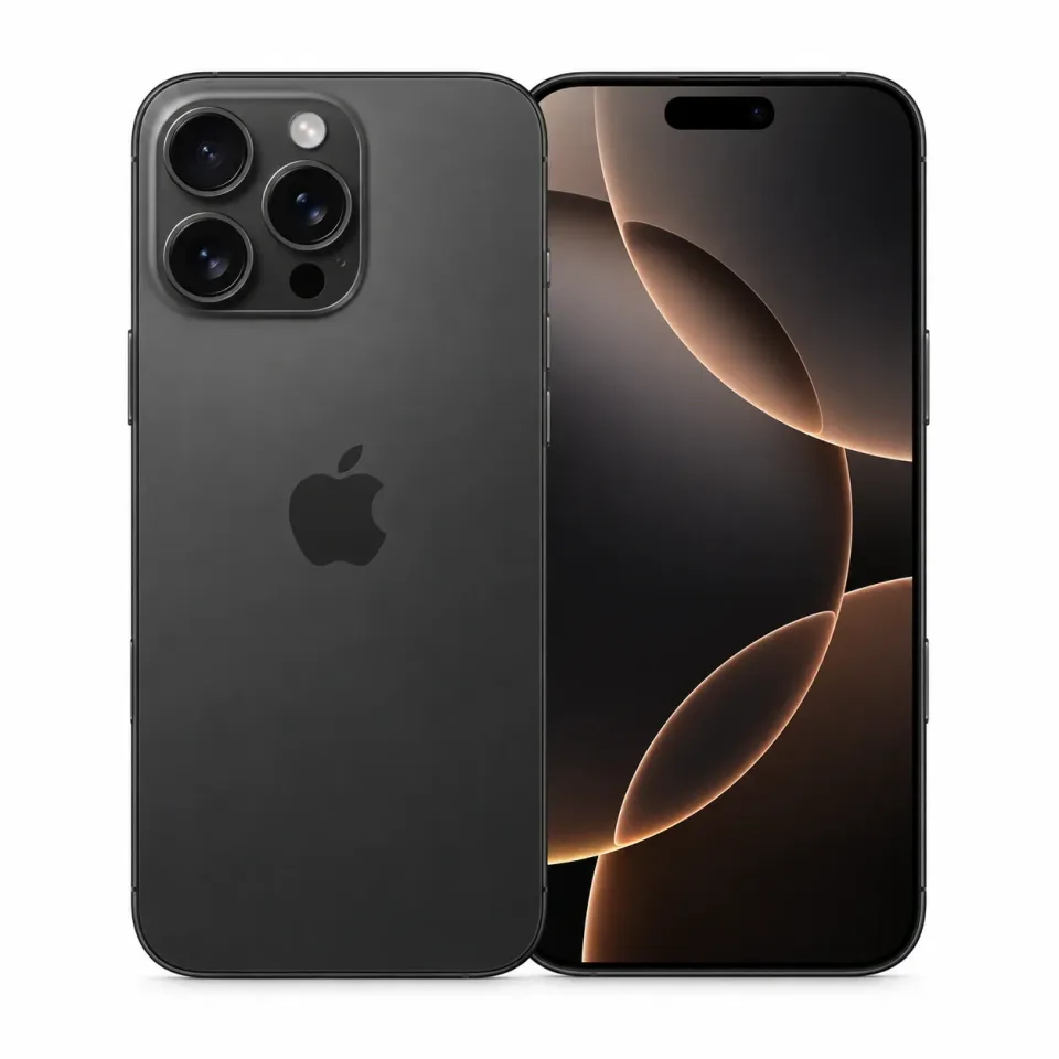iPhone 16 Pro Max usado revisado, Titanio negro: frente y reverso (foto de catálogo)