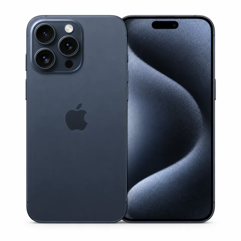 iPhone 15 Pro Max usado revisado, Titanio azul: frente y reverso (foto de catálogo)