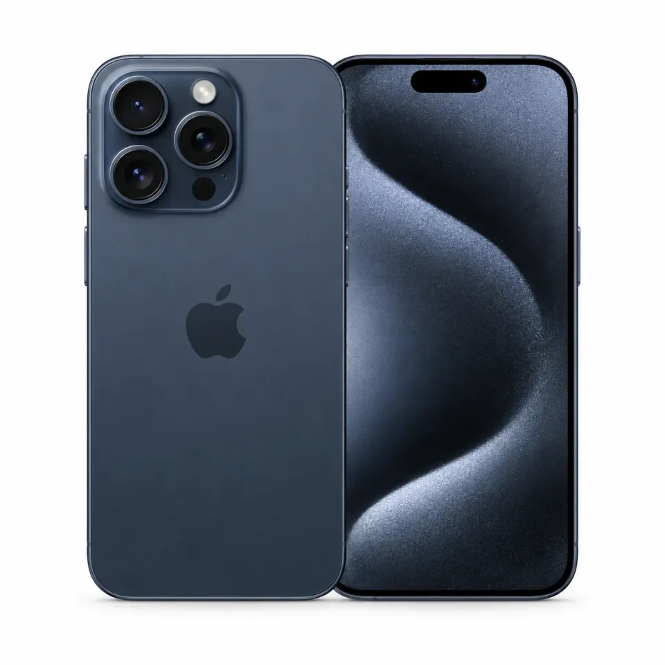 iPhone 15 Pro usado revisado, Titanio azul: frente y reverso (foto de catálogo)