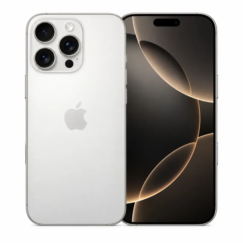 iPhone 16 Pro Max usado revisado, Titanio blanco: frente y reverso (foto de catálogo)