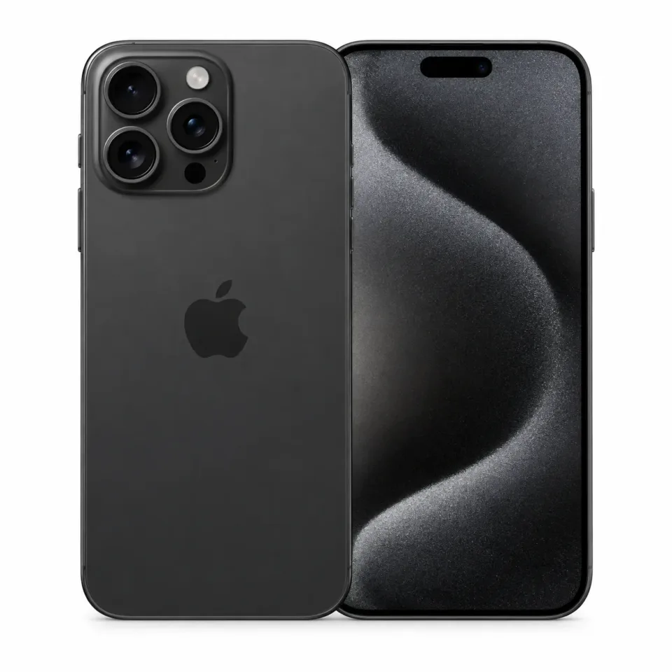 iPhone 15 Pro Max usado revisado, Titanio negro: frente y reverso (foto de catálogo)