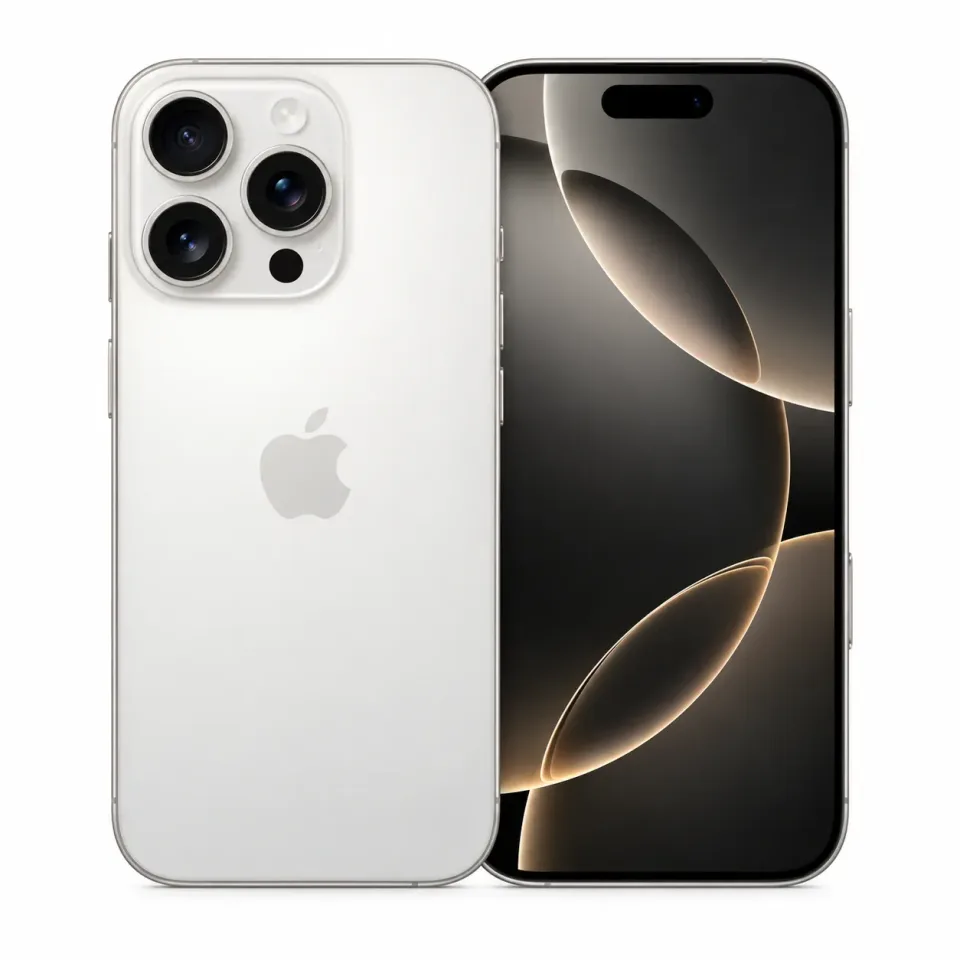 iPhone 16 Pro usado revisado, Titanio blanco: frente y reverso (foto de catálogo)