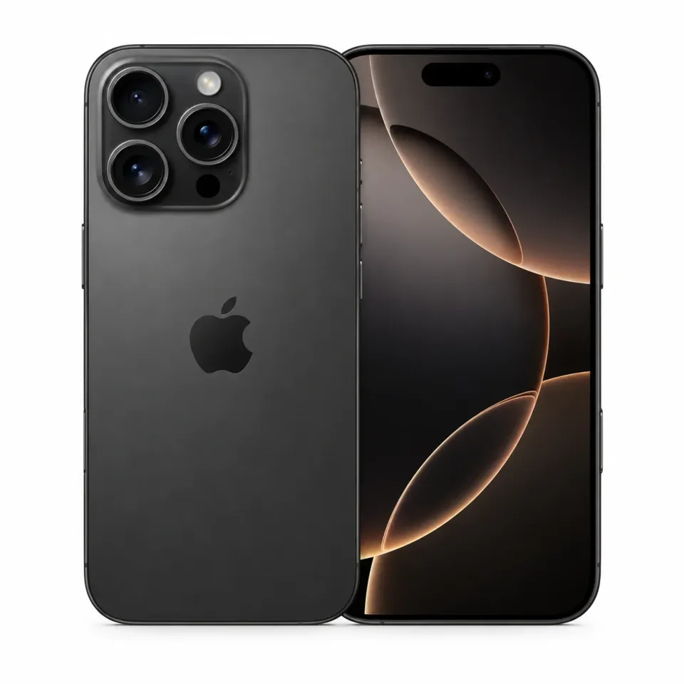 iPhone 16 Pro usado revisado, Titanio negro: frente y reverso (foto de catálogo)
