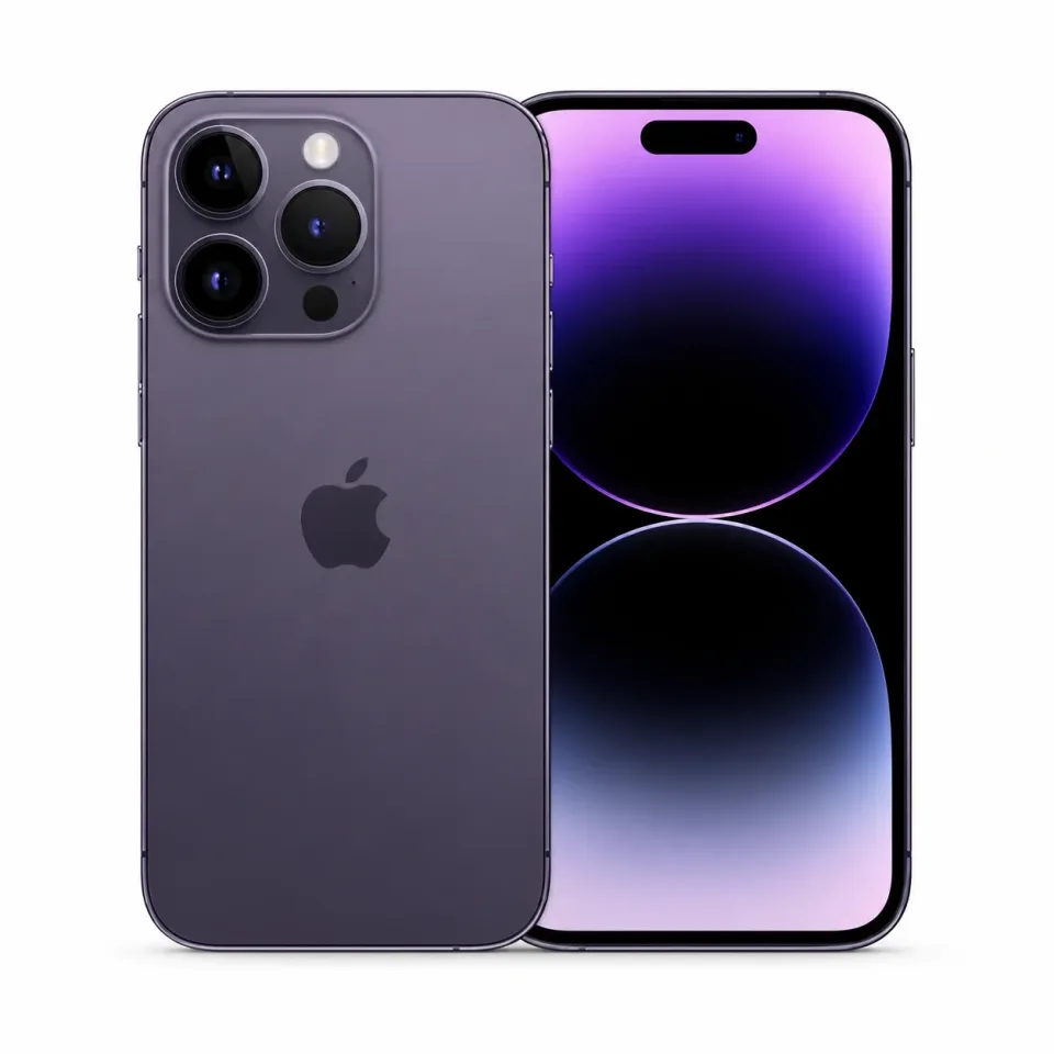 iPhone 14 Pro usado revisado, Morado oscuro: frente y reverso (foto de catálogo)